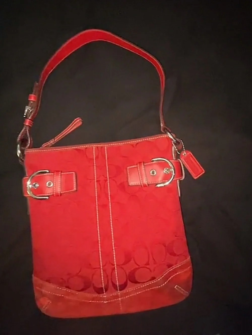 Vintage Coach Red Signature Jacquard Shoulder Bag with Red Leather Trim